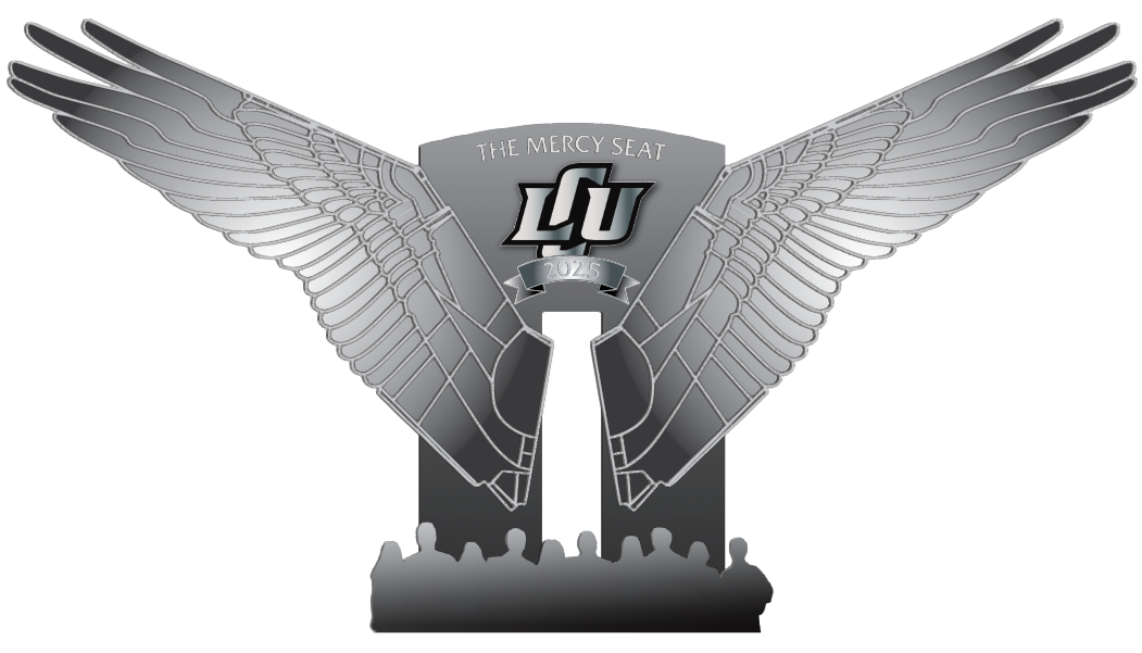 An artists rendering of the Mercy Seat ornament, featuring outstretched wings over the outlines of students, the LCU logo, and "2025-26"